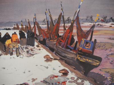 Mathurin MEHEUT - Bretagne : Le Port d’Etaples sous la Neige, c. 1955 -  Héliogravure en couleur, Signée 2