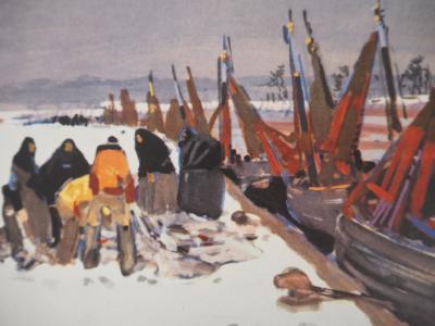 Mathurin MEHEUT - Bretagne : Le Port d’Etaples sous la Neige, c. 1955 -  Héliogravure en couleur, Signée 2