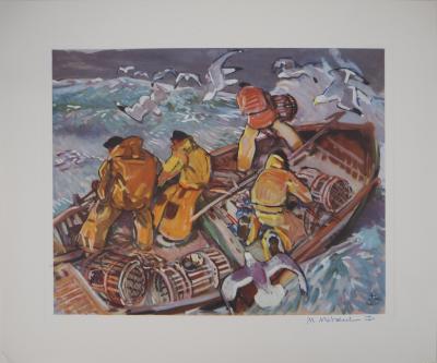 Mathurin MEHEUT - Bretagne : La relève des casiers dans la tempête, c. 1955 -  Héliogravure en couleur, Signée