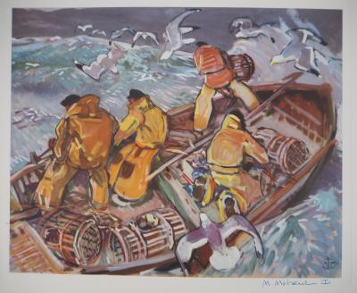 Mathurin MEHEUT - Bretagne : La relève des casiers dans la tempête, c. 1955 -  Héliogravure en couleur, Signée 2