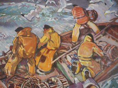 Mathurin MEHEUT - Bretagne : La relève des casiers dans la tempête, c. 1955 -  Héliogravure en couleur, Signée 2