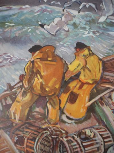 Mathurin MEHEUT - Bretagne : La relève des casiers dans la tempête, c. 1955 -  Héliogravure en couleur, Signée 2