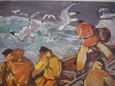 Mathurin MEHEUT - Bretagne : La relève des casiers dans la tempête, c. 1955 -  Héliogravure en couleur, Signée 2