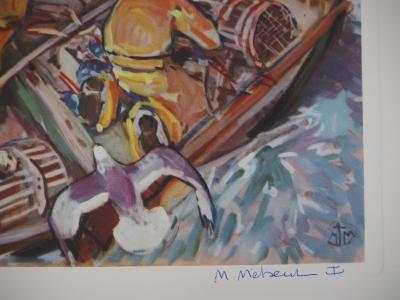 Mathurin MEHEUT - Bretagne : La relève des casiers dans la tempête, c. 1955 -  Héliogravure en couleur, Signée 2