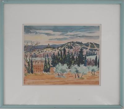Yves BRAYER : Provence : Vieux moulin et Oliviers dans les Alpilles - Aquarelle originale signée 2