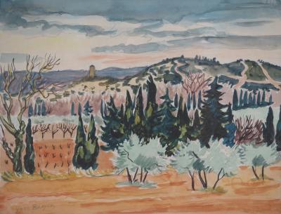 Yves BRAYER : Provence : Vieux moulin et Oliviers dans les Alpilles - Aquarelle originale signée 2