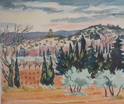 Yves BRAYER : Provence : Vieux moulin et Oliviers dans les Alpilles - Aquarelle originale signée 2