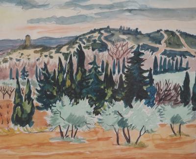 Yves BRAYER : Provence : Vieux moulin et Oliviers dans les Alpilles - Aquarelle originale signée 2