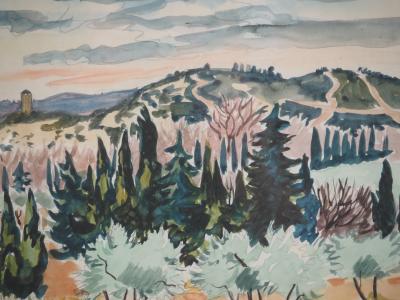 Yves BRAYER : Provence : Vieux moulin et Oliviers dans les Alpilles - Aquarelle originale signée 2