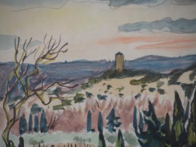 Yves BRAYER : Provence : Vieux moulin et Oliviers dans les Alpilles - Aquarelle originale signée 2
