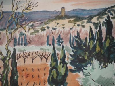 Yves BRAYER : Provence : Vieux moulin et Oliviers dans les Alpilles - Aquarelle originale signée 2