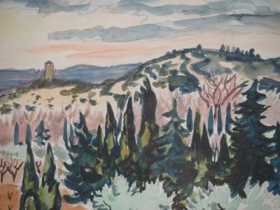 Yves BRAYER : Provence : Vieux moulin et Oliviers dans les Alpilles - Aquarelle originale signée 2