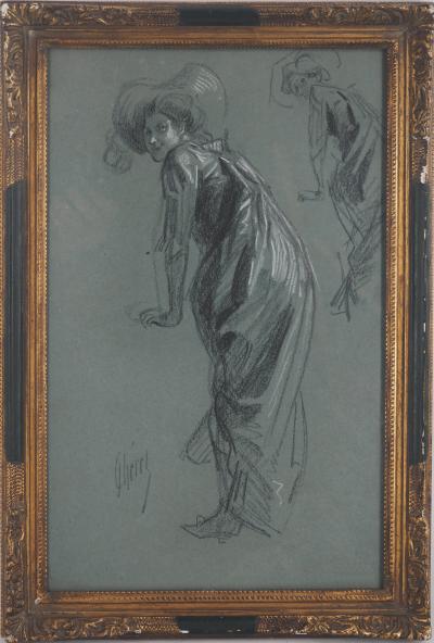Jules CHERET - Etude femme au balcon de l’opéra - Dessin original, signé 2