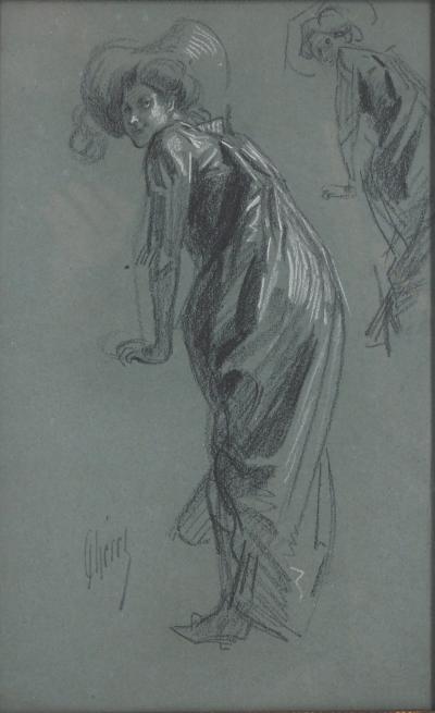 Jules CHERET - Etude femme au balcon de l’opéra - Dessin original, signé 2