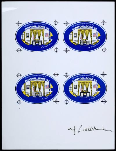 Roy LICHTENSTEIN - The Oval Office, 1992 - Ensemble hautement collectionnable (Sérigraphie sur épingle métallique & Sérigraphie sur papier) 2