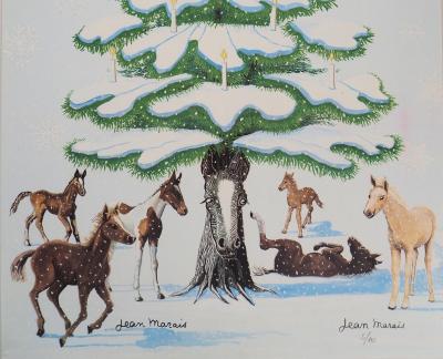 Jean MARAIS - Sapin de Noel enneigé et Chevaux - Lithographie en couleurs, Signée 2