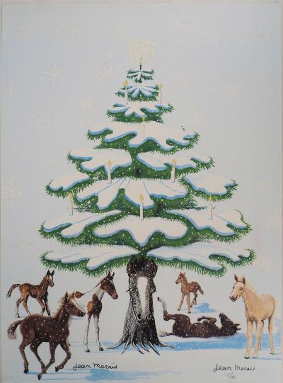 Jean MARAIS - Sapin de Noel enneigé et Chevaux - Lithographie en couleurs, Signée 2