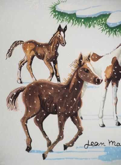 Jean MARAIS - Sapin de Noel enneigé et Chevaux - Lithographie en couleurs, Signée 2