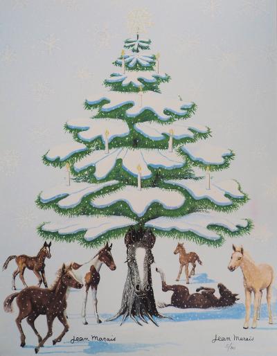 Jean MARAIS - Sapin de Noel enneigé et Chevaux - Lithographie en couleurs, Signée 2