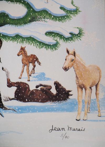 Jean MARAIS - Sapin de Noel enneigé et Chevaux - Lithographie en couleurs, Signée 2