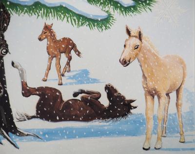 Jean MARAIS - Sapin de Noel enneigé et Chevaux - Lithographie en couleurs, Signée 2