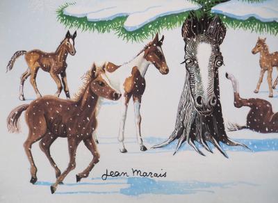 Jean MARAIS - Sapin de Noel enneigé et Chevaux - Lithographie en couleurs, Signée 2