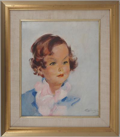 Jean-Gabriel DOMERGUE - Giovane ragazza con una sciarpa rosa - Olio su tavola, Firmato