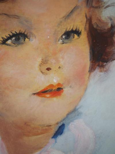 Jean-Gabriel DOMERGUE - Jeune fille au foulard rose - Huile sur carton fort , Signée 2