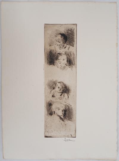Maximilien LUCE La Fratrie (Study of four children) Circa 1890 - Original engraving 2