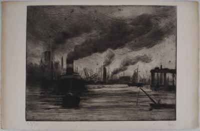 Maximilien LUCE - Vue du port de Rotterdam Vers 1890-1895 - Gravure originale signée 2