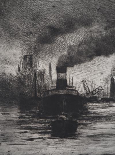 Maximilien LUCE - Vue du port de Rotterdam Vers 1890-1895 - Gravure originale signée 2