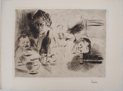 Maximilien LUCE - Maternité : le repas et le coucher de l'enfant Vers 1895 - Gravure originale signée 2
