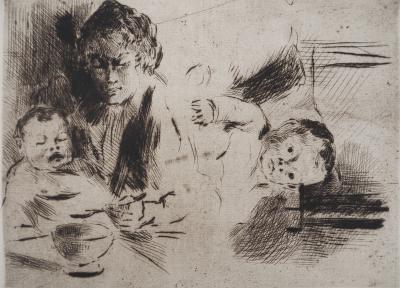 Maximilien LUCE - Maternité : le repas et le coucher de l'enfant Vers 1895 - Gravure originale signée 2