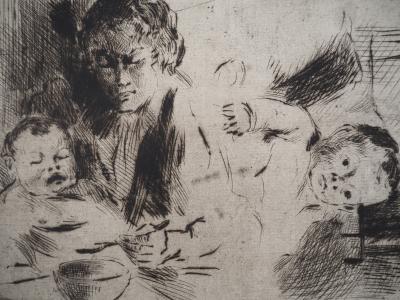 Maximilien LUCE - Maternité : le repas et le coucher de l'enfant Vers 1895 - Gravure originale signée 2