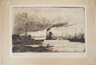 Maximilien LUCE -  Rotterdam, voiliers à quai et fumée dans le port Vers 1890 - Gravure originale signée 2