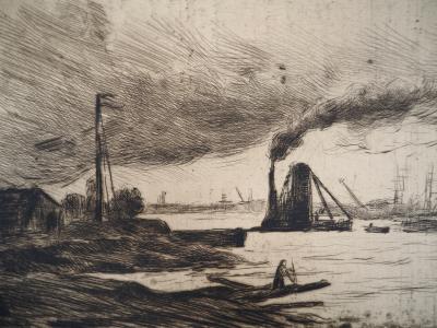 Maximilien LUCE -  Rotterdam, voiliers à quai et fumée dans le port Vers 1890 - Gravure originale signée 2