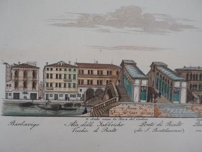 Dionisio MORETTI : Venise, Le Pont Rialto sur le Grand Canal - Gravure originale rehaussée à l’aquarelle, 1831 2
