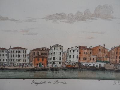Dionisio MORETTI : Venise, Gondoles et bateaux sur le Grand Canal - Gravure originale rehaussée à l’aquarelle, 1831 2