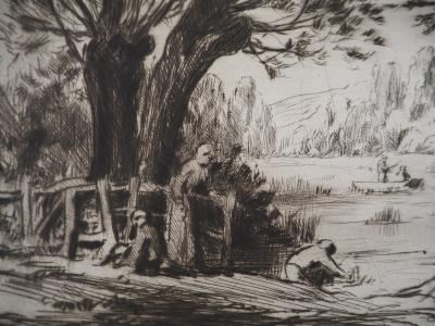 Maximilien LUCE - Baigneurs, pécheurs et promeneurs Vers 1895 - Gravure originale signée 2