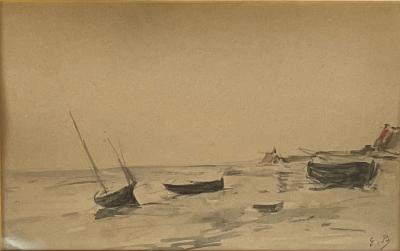 Eugène BOUDIN - Boats on the beach - Watercolor