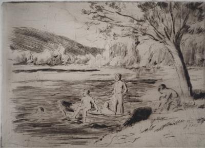 Maximilien LUCE - Baigneurs à la rivière, Bessy Vers 1890 - Gravure originale signée 2