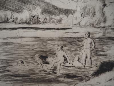 Maximilien LUCE - Baigneurs à la rivière, Bessy Vers 1890 - Gravure originale signée 2
