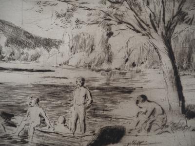 Maximilien LUCE - Baigneurs à la rivière, Bessy Vers 1890 - Gravure originale signée 2