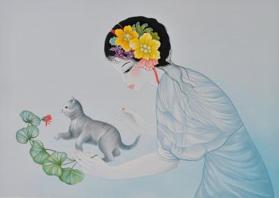 Mara TRAN LONG : Geisha au chaton, Lithographie originale signée au crayon 2