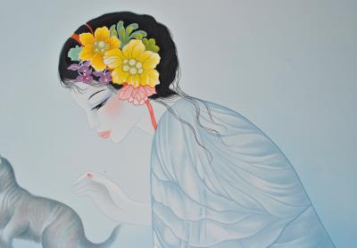 Mara TRAN LONG : Geisha au chaton, Lithographie originale signée au crayon 2