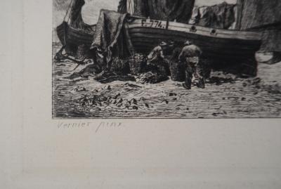 Emile Vernier : Pêcheurs Normands - Gravure, Signée #Durand Ruel 1873 2