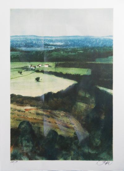 Jean Baptise VALADIÉ - Limousin : paysage champêtre (plateau des Millevaches), 1977 - Lithographie originale signée 2