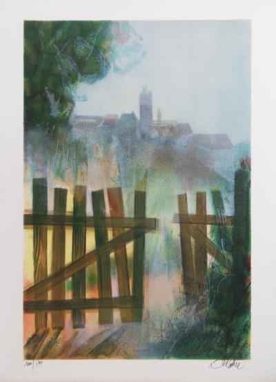 Jean Baptise VALADIÉ - Limoge : Brume sur Felletin, 1977 - Lithographie originale, signée 2