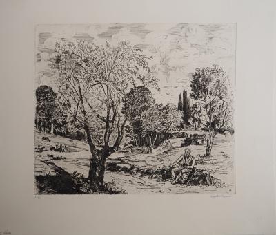 Jean-Eugène BERSIER - L'Aède :poète dans un paysage, vers 1950 - Gravure originale signée 2