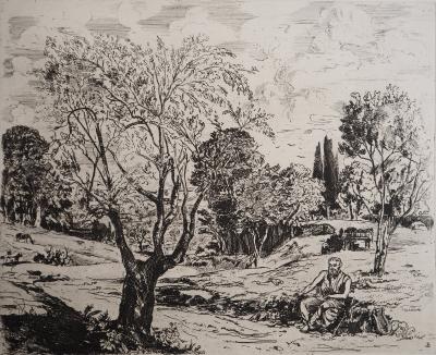 Jean-Eugène BERSIER - L'Aède :poète dans un paysage, vers 1950 - Gravure originale signée 2